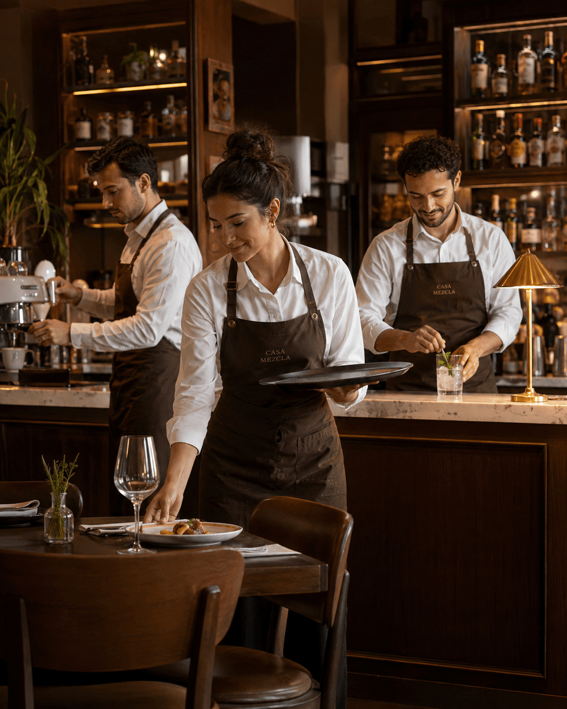 Equipo de restaurante trabajando con uniformes personalizados
