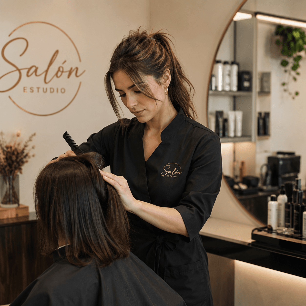 Profesional de peluquería trabajando con uniforme personalizado