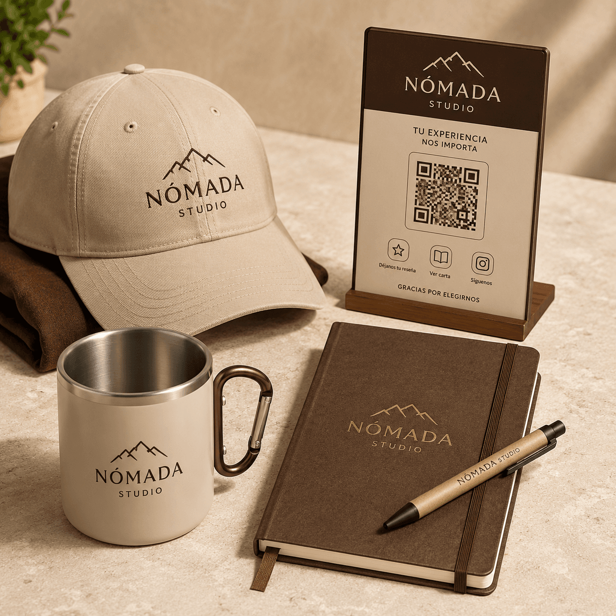 Merchandising corporativo personalizado: gorra, taza, libreta y expositor con QR