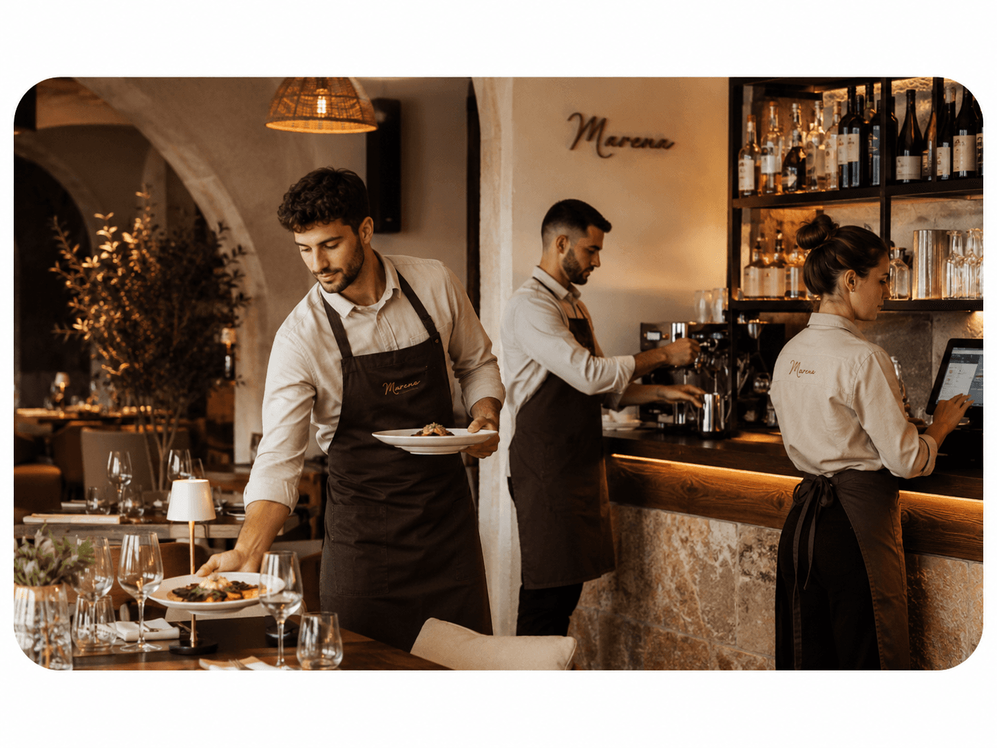 Equipo de hostelería trabajando en restaurante con uniformes personalizados
