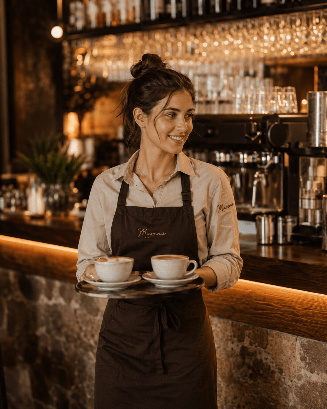 Profesional de cafetería o barra con uniforme personalizado