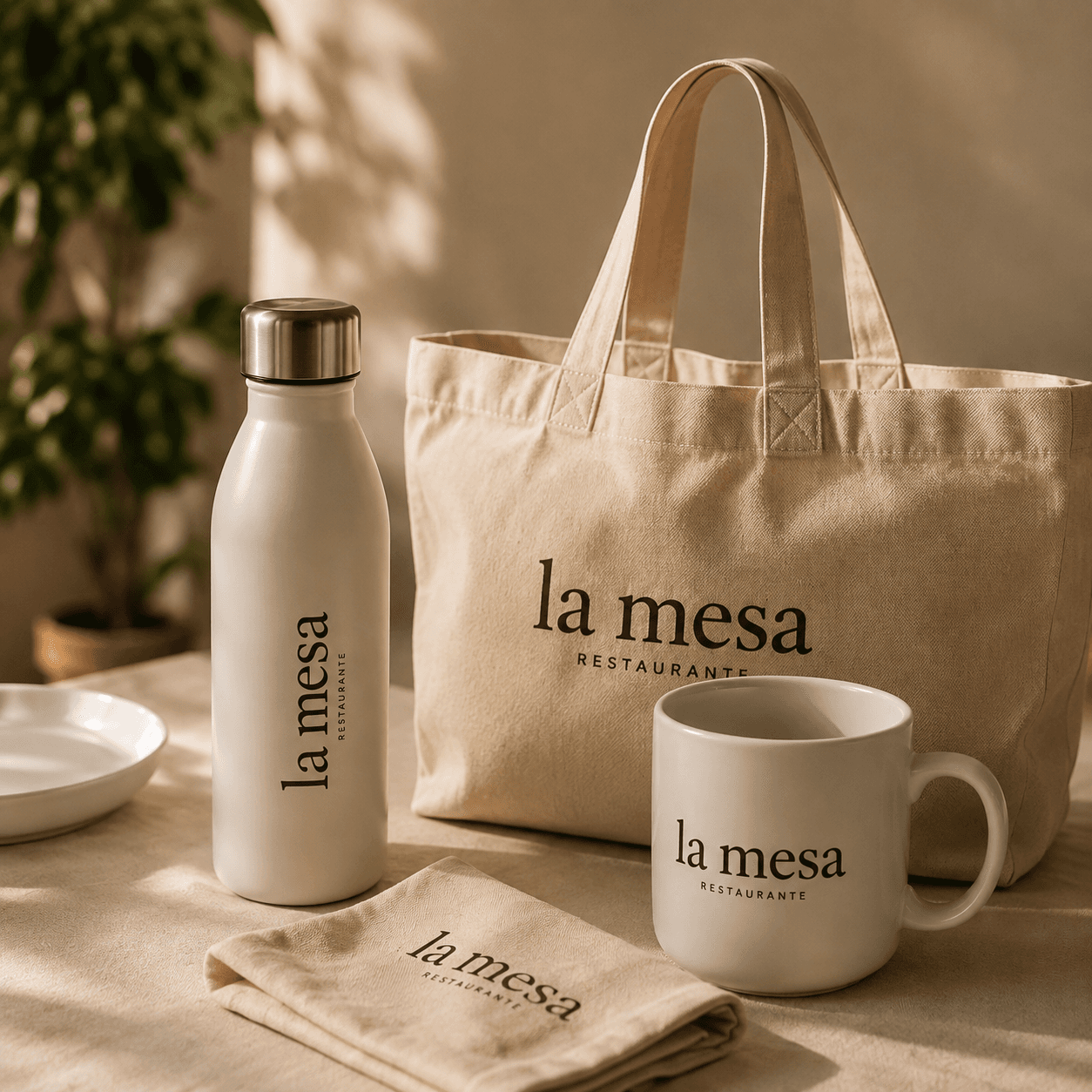 Merchandising personalizado para restaurante con bolsa, botella, taza y textil