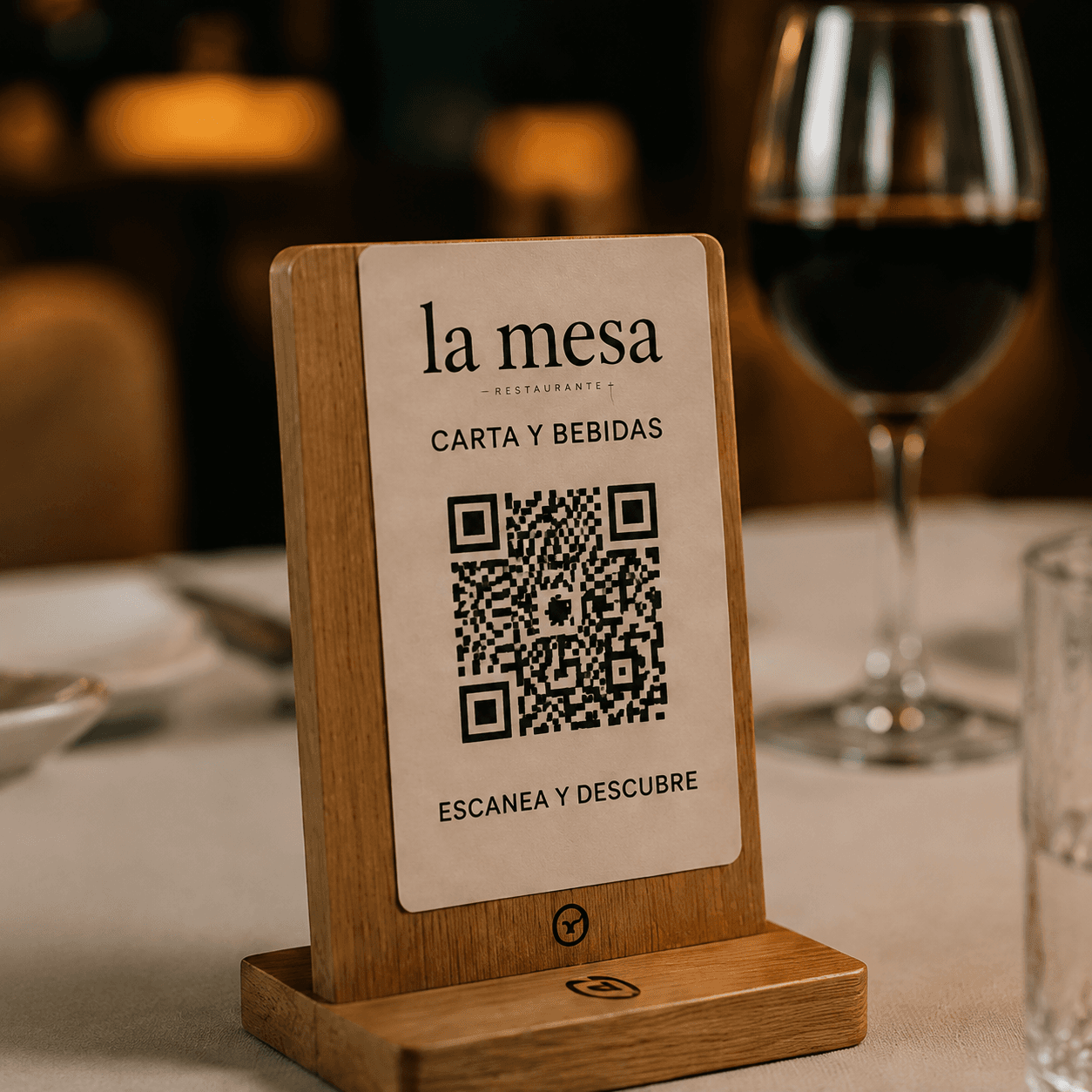 Soporte de mesa con código QR para carta y servicios de restaurante