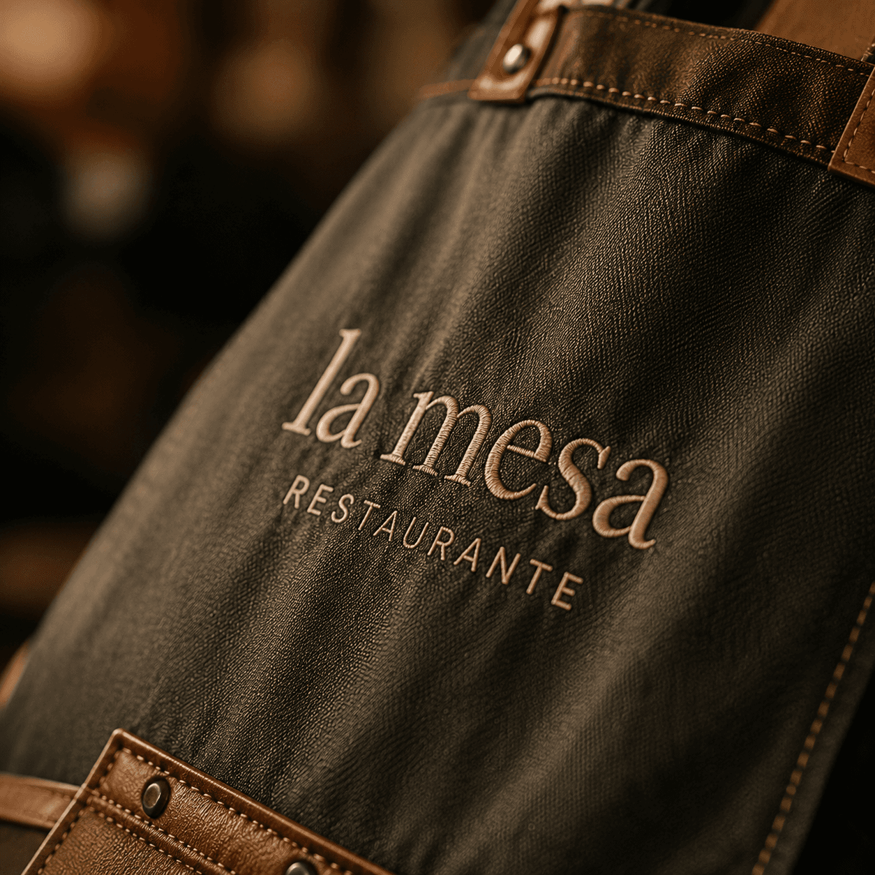 Detalle de bordado personalizado con identidad de restaurante