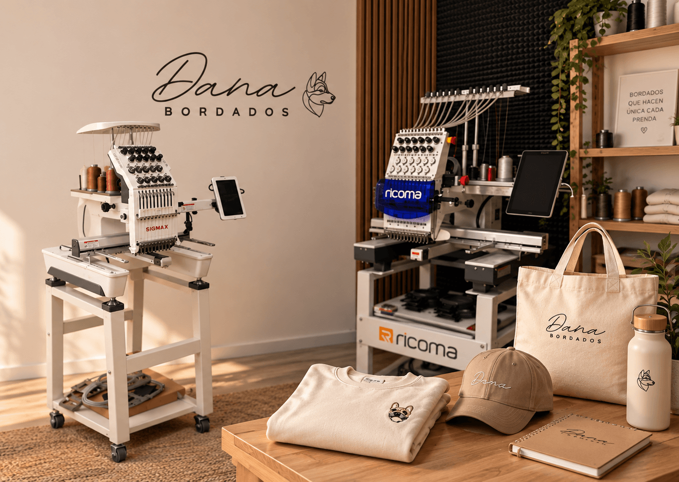 Composición de productos personalizados de DANA Bordados: sudadera, gorra, tote bag y botella junto a las máquinas de bordar